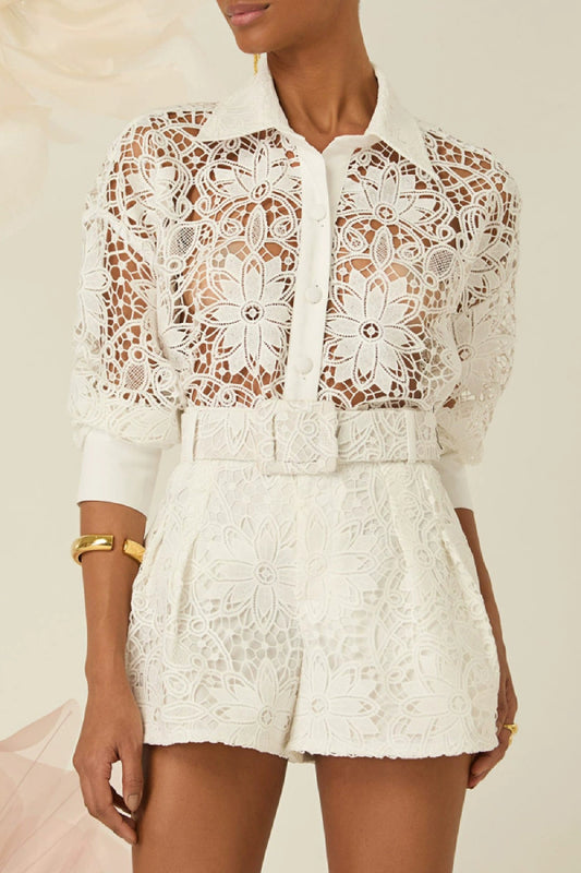 Sexy hollow flower shirt & temperament belt shorts