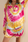 Rainbow tie-dye two-piece set with a loose button shirt and shorts in pink, yellow and aqua