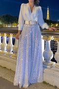 White sequined two-piece set with long-sleeve V-neck shirt and wide-leg pants
