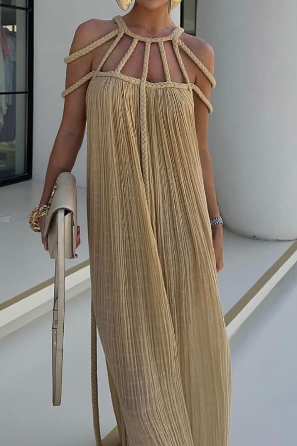 Modern and Sophisticated Linen Blend Draped Braids Cover Up Maxi Dress