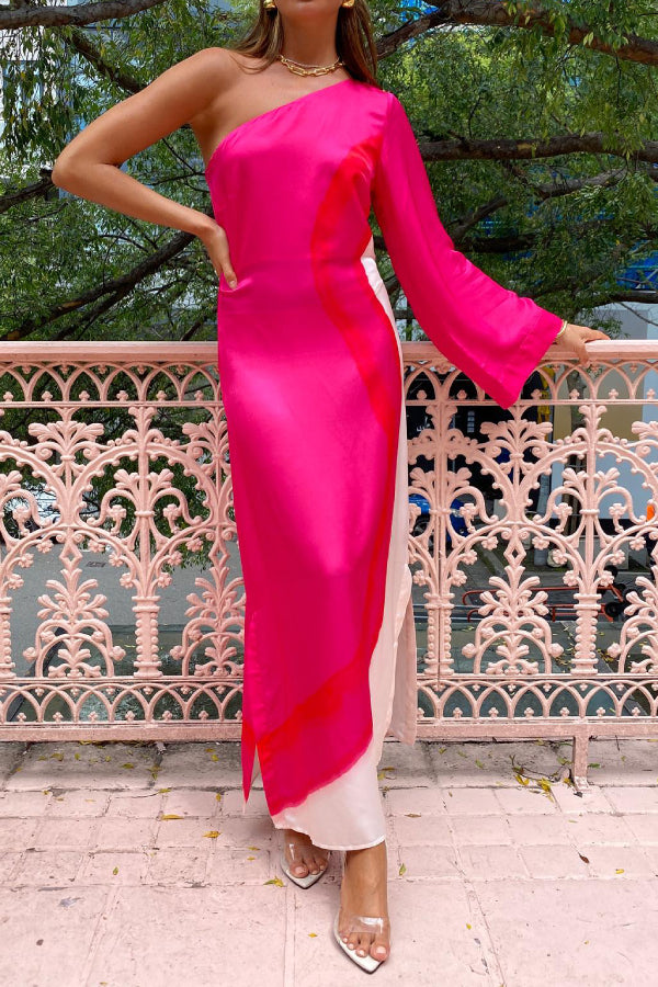 One Shoulder Long Sleeve Side Slit Tie Dye Maxi Dress Main image