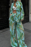 Green linen-blend long-sleeve collared shirt with wide-leg pants resort set