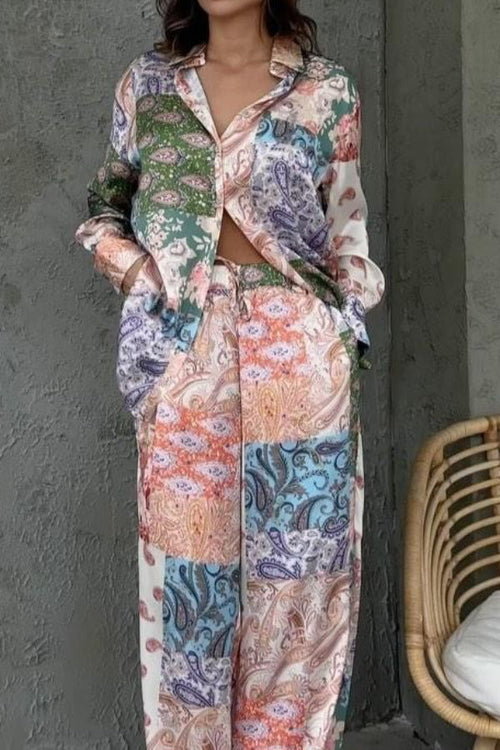 Multicolor printed linen-blend long-sleeve shirt and matching pants two-piece set