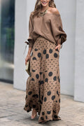 Mocha off-shoulder tie-cuff top with black polka-dot tiered wide-leg pants set