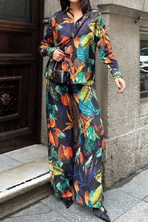 Dark tropical-leaf print linen-blend long-sleeve shirt and wide-leg pants set