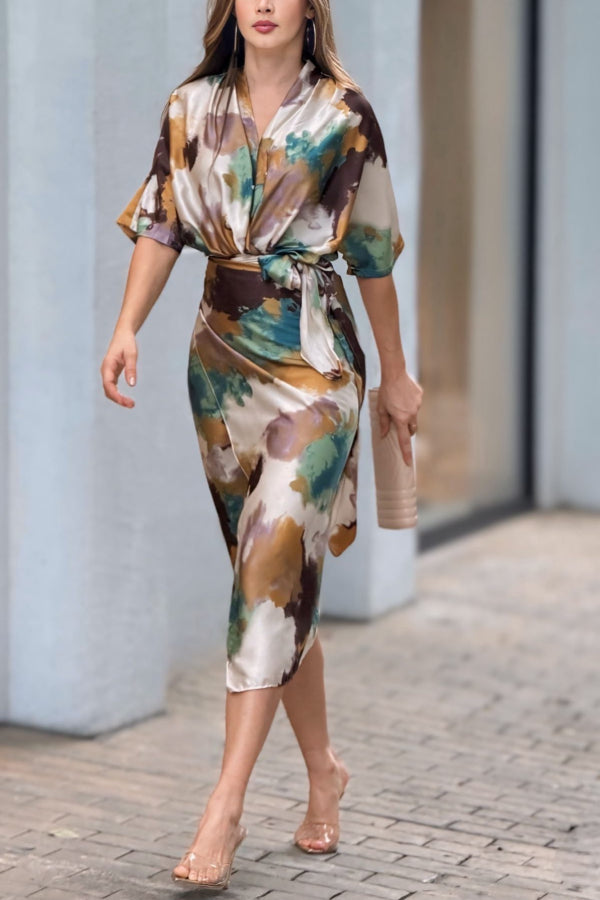 V-neck high waist slim fit fashionable printed hip midi dress Main image