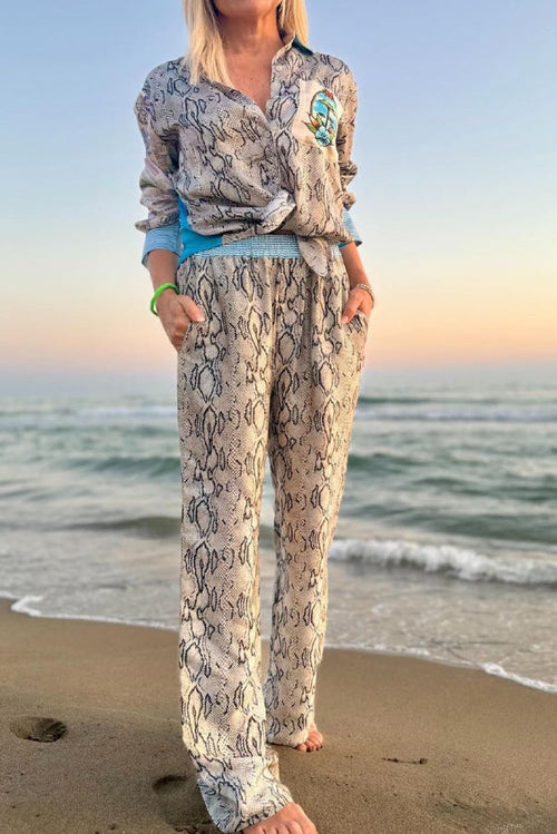 Printed multicolor linen-blend two-piece set with a long-sleeve shirt and relaxed pants