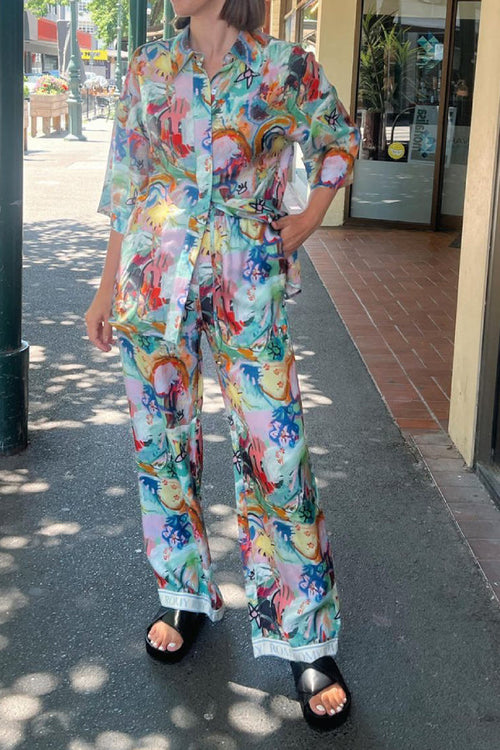 Multicolor linen-blend long-sleeve shirt and pants two-piece vacation set