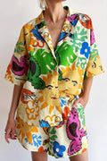 Linen-blend collared shirt and elastic-waist shorts co-ord set for warm vacations