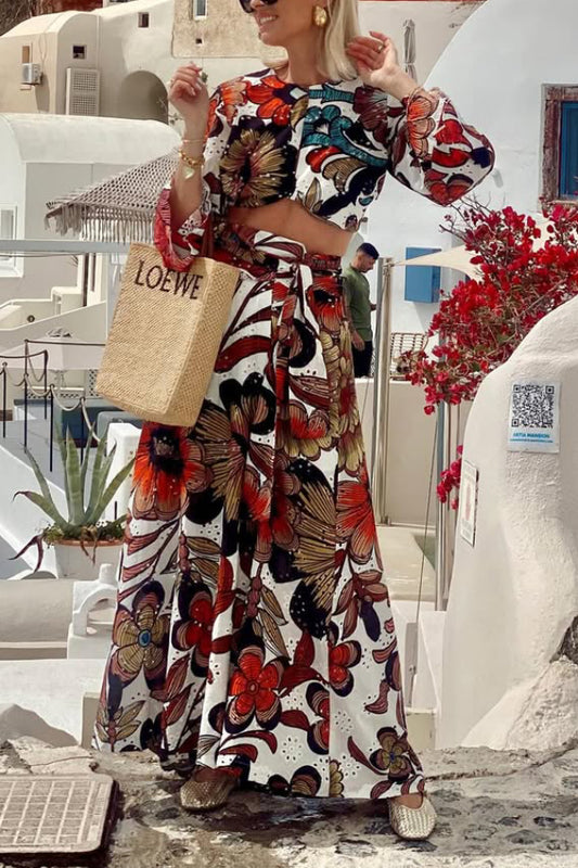 Colorful Printed Women's Navel-Exposed Lace-Up Long Casual Suit