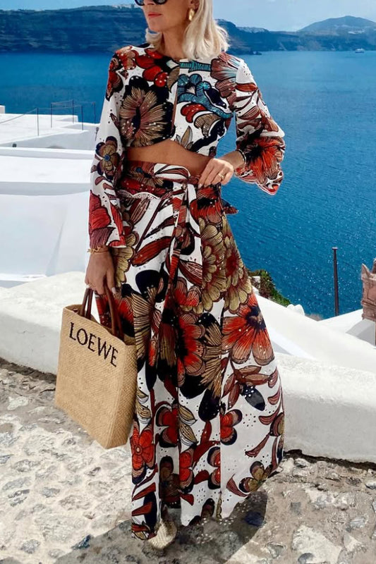 Colorful Printed Women's Navel-Exposed Lace-Up Long Casual Suit