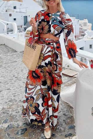 Colorful Printed Women's Navel-Exposed Lace-Up Long Casual Suit