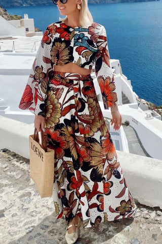 Colorful Printed Women's Navel-Exposed Lace-Up Long Casual Suit