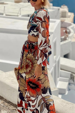Colorful Printed Women's Navel-Exposed Lace-Up Long Casual Suit
