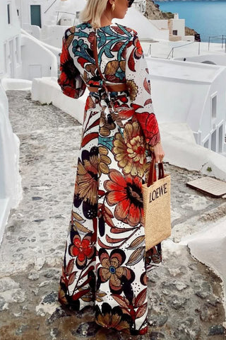 Colorful Printed Women's Navel-Exposed Lace-Up Long Casual Suit