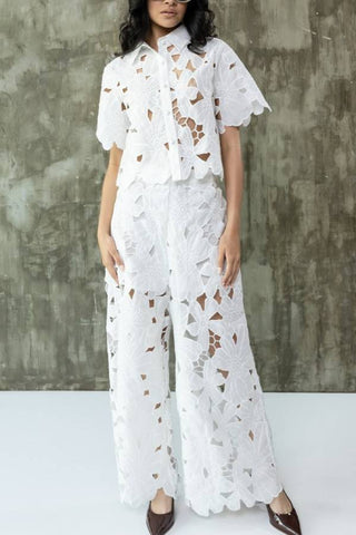 Casual Lace Blouse Wide Leg Pants Suit