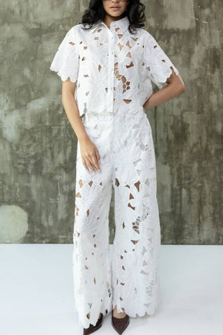 Casual Lace Blouse Wide Leg Pants Suit