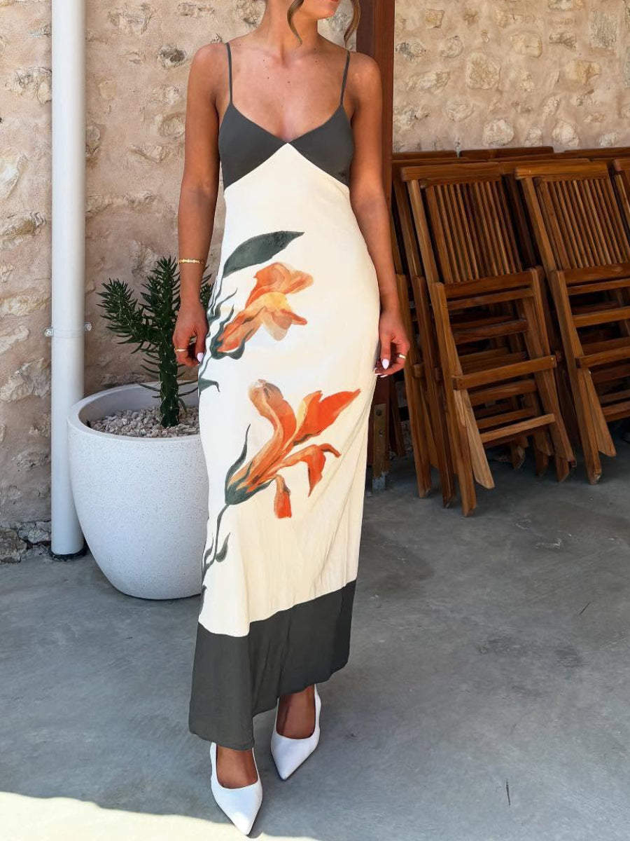 Color Block Watercolor Orange Floral Spaghetti Strap Midi Slip Dress