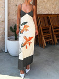 Color Block Watercolor Orange Floral Spaghetti Strap Midi Slip Dress