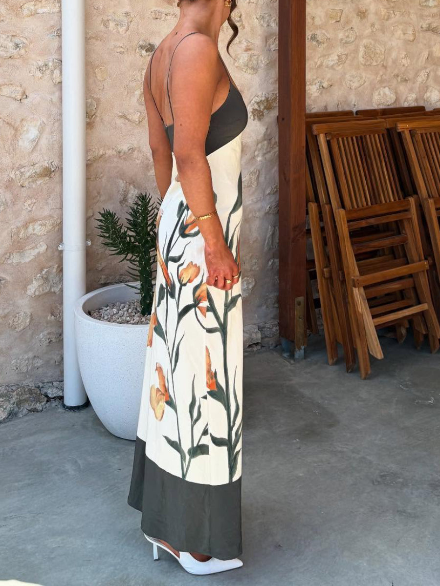 Color Block Watercolor Orange Floral Spaghetti Strap Midi Slip Dress