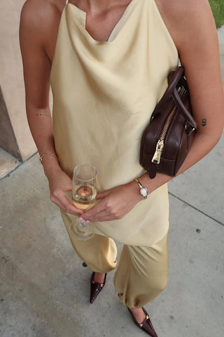 Satin Solid Color Loose Backless Casual Top and Pants