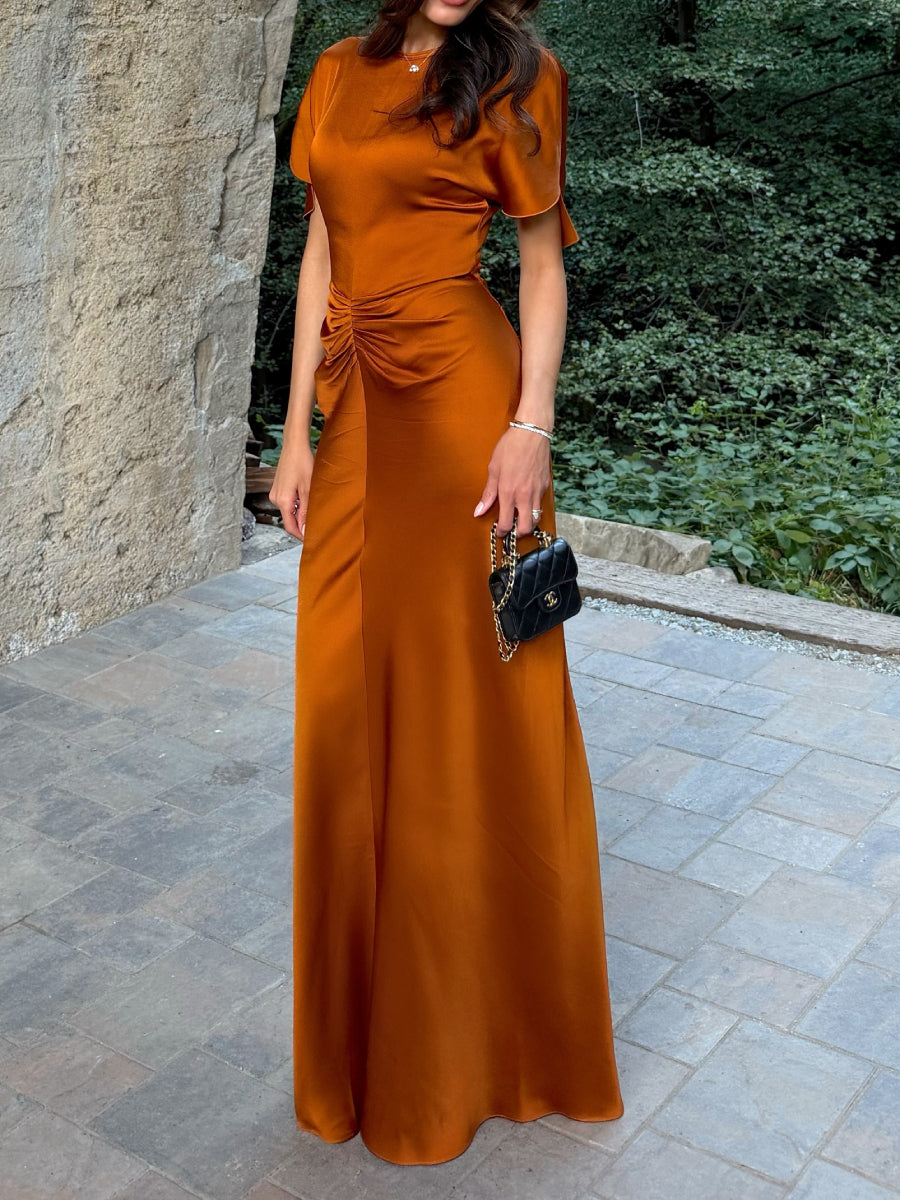 Women's Burnt Orange Satin Maxi Dress - Ruffle Sleeve Ruched Waist Formal Gown for Wedding Guest & Evening Events