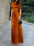 Women's Burnt Orange Satin Maxi Dress - Ruffle Sleeve Ruched Waist Formal Gown for Wedding Guest & Evening Events