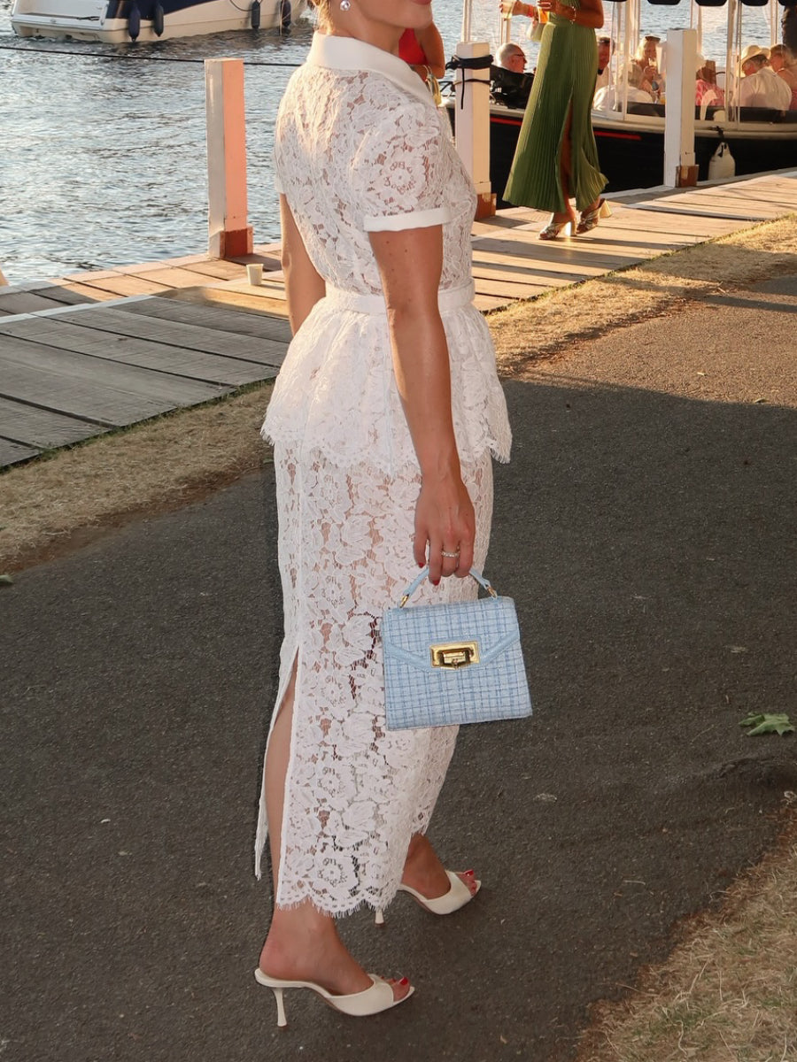 White Floral Lace Collared Peplum Top Midi Skirt Two Piece Matching Co-ord Set