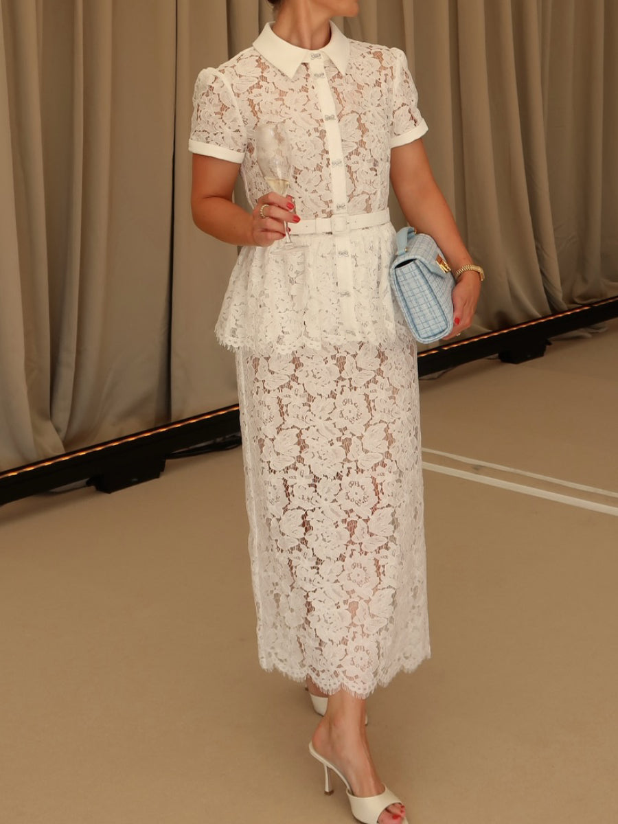 White Floral Lace Collared Peplum Top Midi Skirt Two Piece Matching Co-ord Set