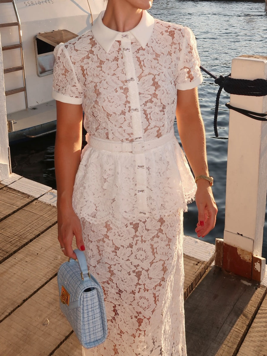 White Floral Lace Collared Peplum Top Midi Skirt Two Piece Matching Co-ord Set
