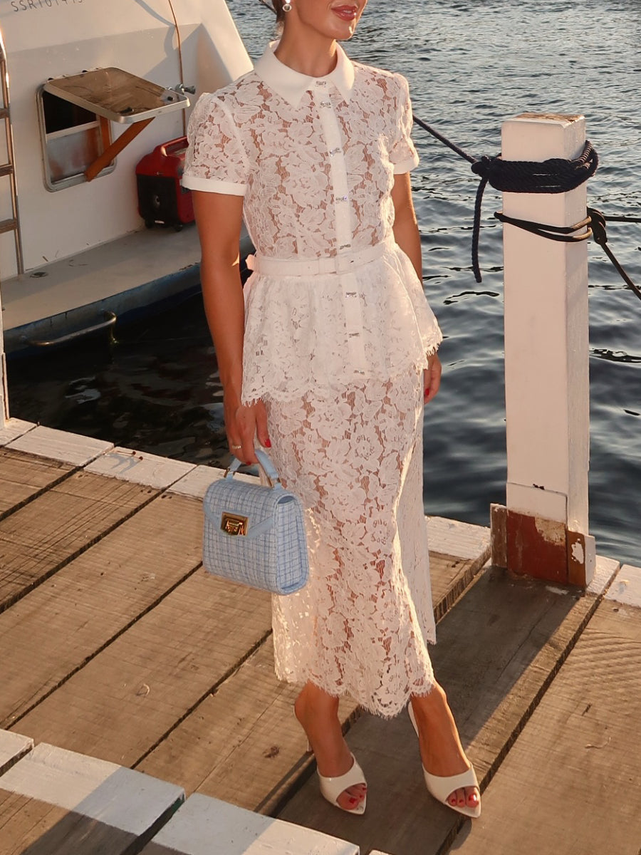 White Floral Lace Collared Peplum Top Midi Skirt Two Piece Matching Co-ord Set