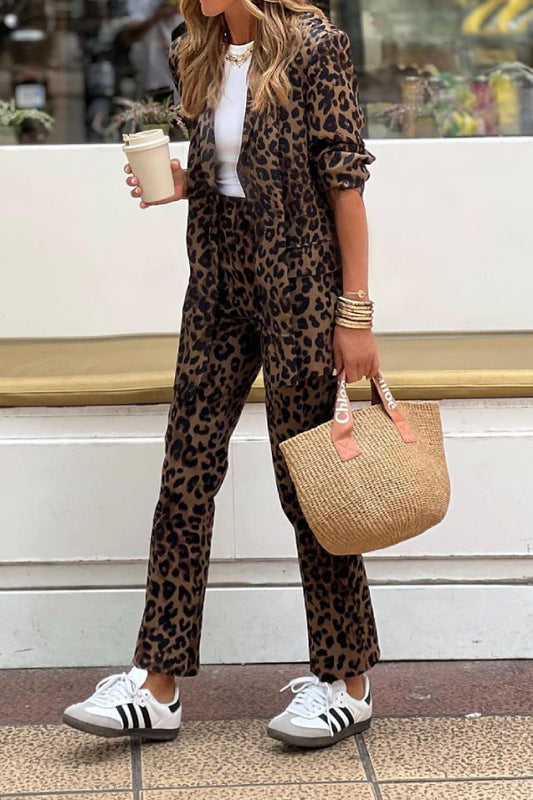 Leopard print long-sleeved Blazer and pants set