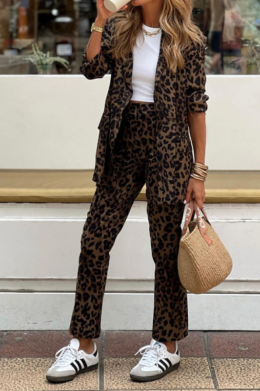 Leopard print long-sleeved Blazer and pants set
