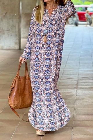 V-neck printed long sleeve maxi dress