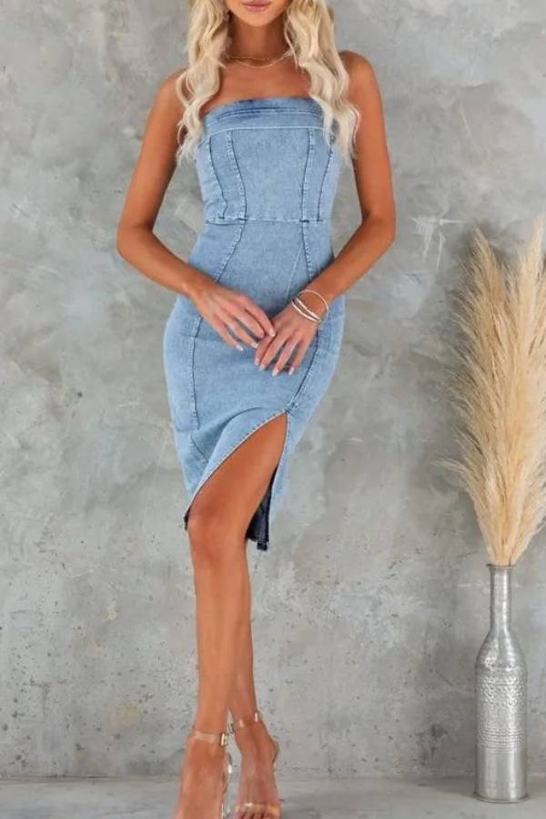Wrap chest sexy spicy girl patchwork slim denim midi dress Main image