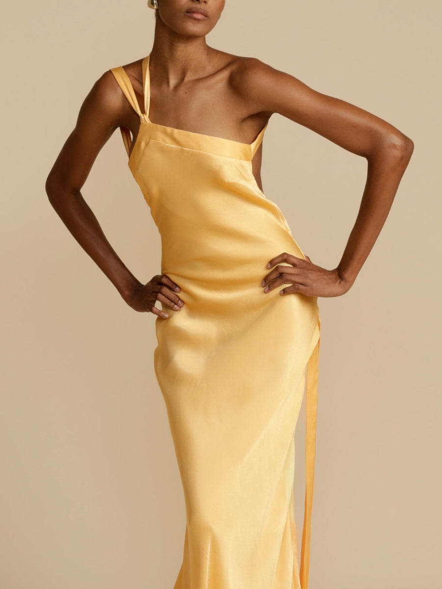 Women Glossy Silk Square Neck Single Spaghetti Strap Draped Flowy Mermaid Wedding Guest Formal Dress