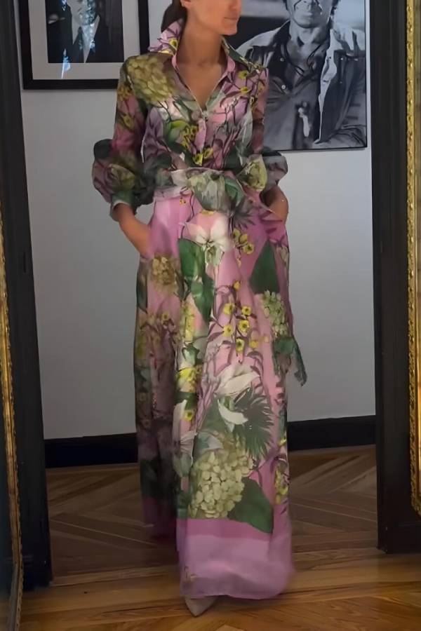 Tulle Floral Print Elastic Waist Belt Pocketed Maxi Skirt set Main image