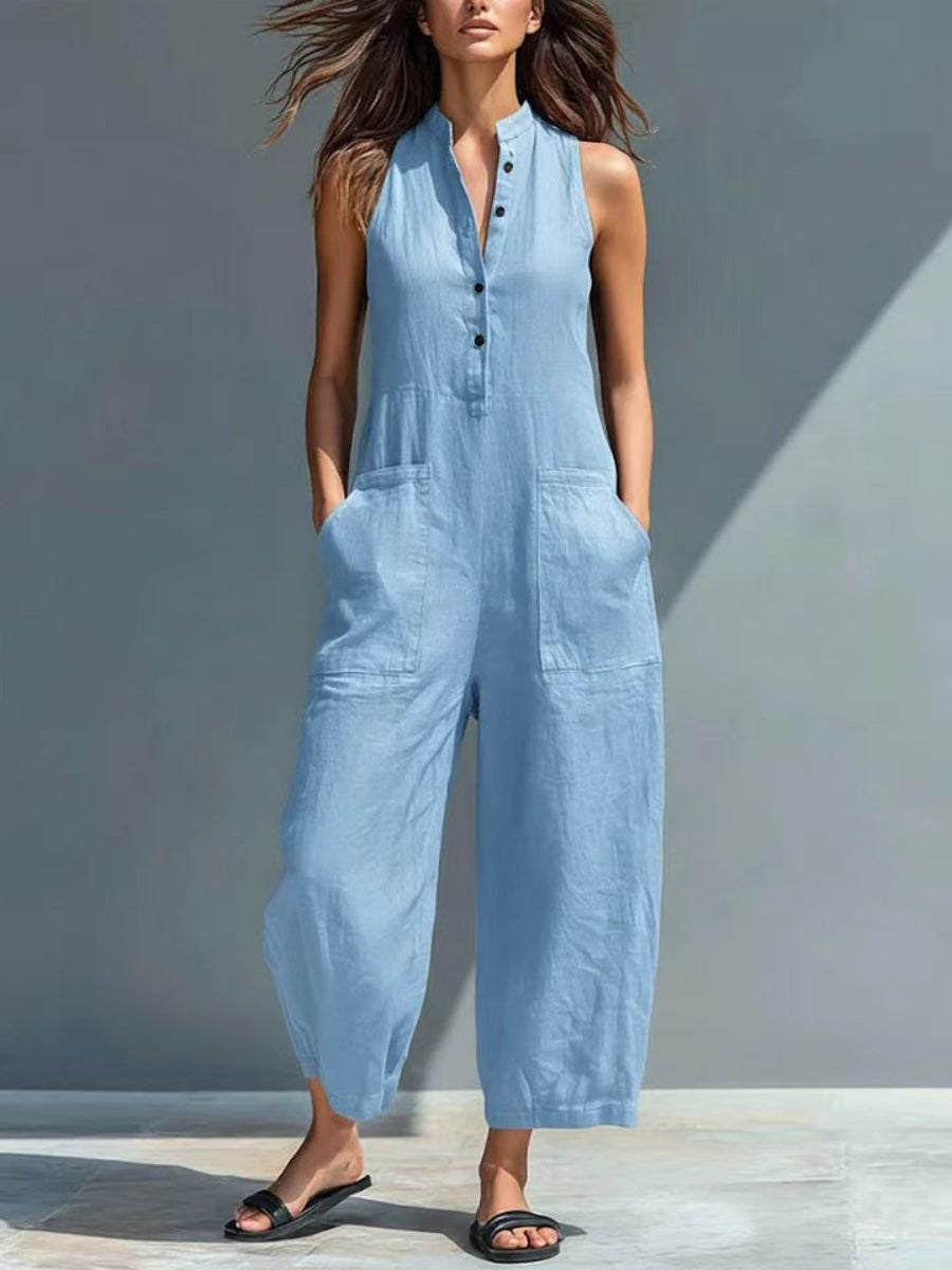 Minimalist Solid Black Pocket Detail Sleeveless Half Placket Linen Wide Leg Jumpsuit