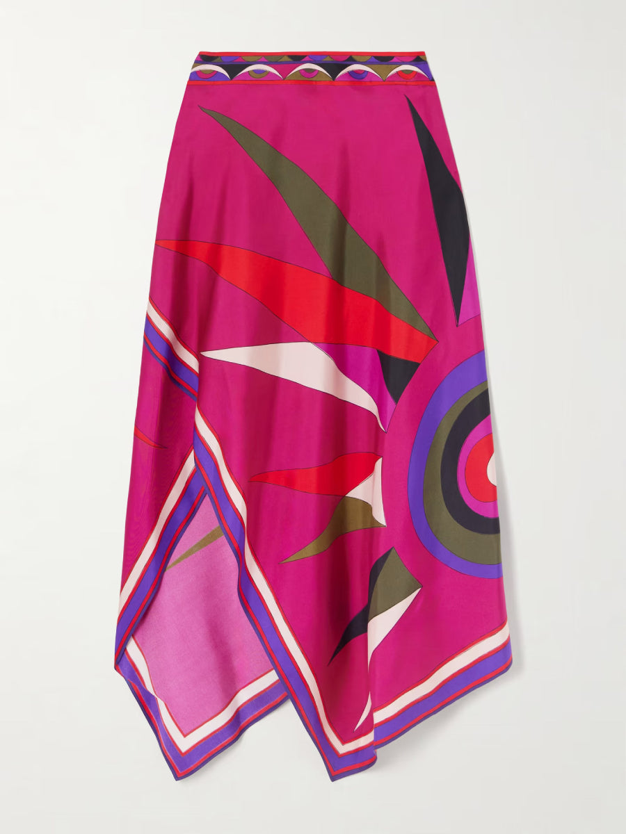 Abstract Geometric Print Halter Top Asymmetrical Hanky Hem Midi Skirt Set