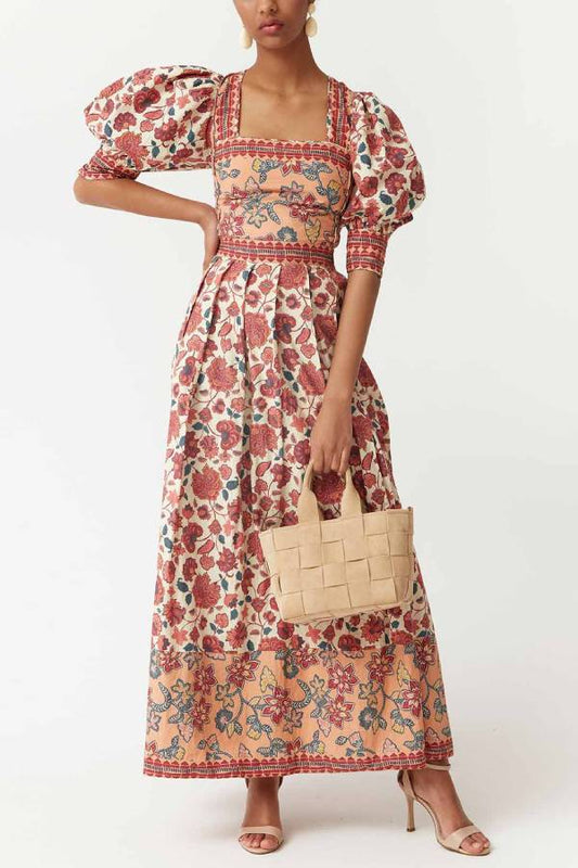 Retro Ethnic Floral Print Puff Sleeve Top and Skirt Two-Piece Set