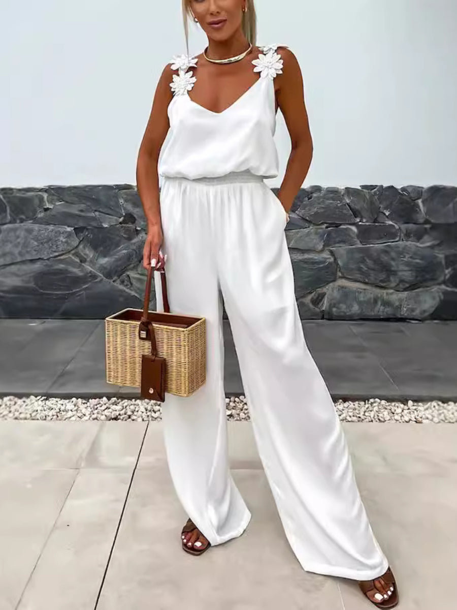 Solid Color Embroidered Flower Suspenders Casual Loose Jumpsuit