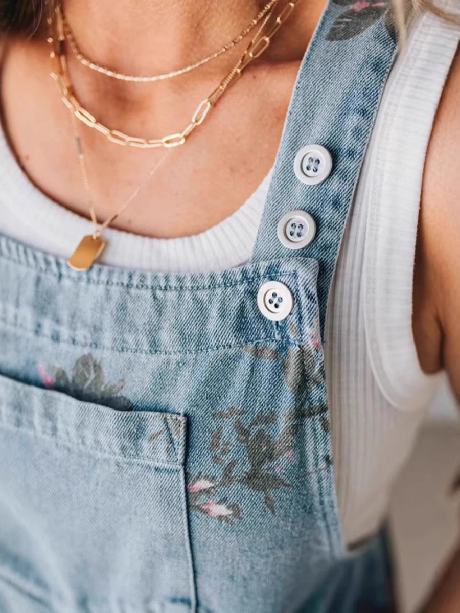 Relaxed Fit Floral Denim Short Overalls Adjustable Shoulder Straps Casual Romper