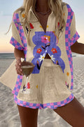 Multicolor printed lapel shirt and shorts two-piece vacation set