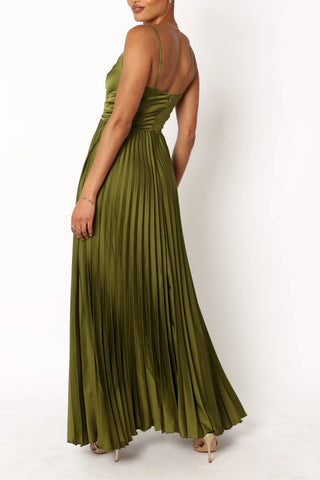 V-neck elegant suspender backless long pleated dress