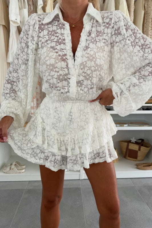 Elegant Puff Sleeve Lapel Shirt Ruffled Skirt Suit