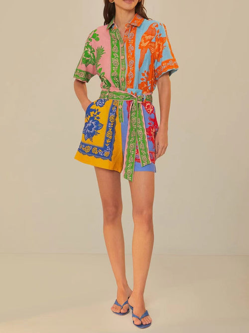 Colorful Patchwork Tropical Parrot Floral Print Belted Shirt Romper