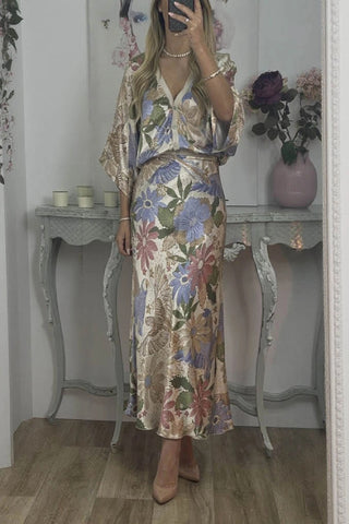 Exquisite Satin Floral Print Off-shoulder Shirt and Fishtail Skirt