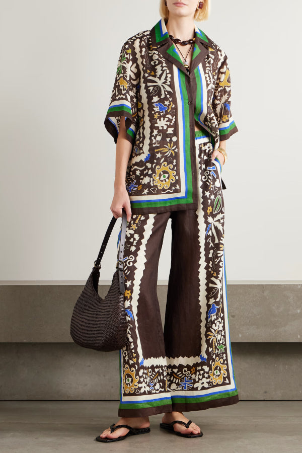 Women's Brown Tropical Folk Print Linen 2-Piece Co-Ord Set - Short Sleeve Shirt & Wide Leg Pants for Boho Resort Wear