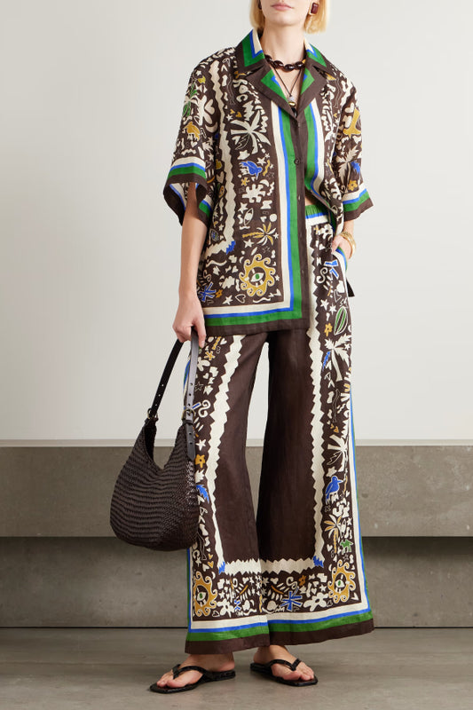 Women's Brown Tropical Folk Print Linen 2-Piece Co-Ord Set - Short Sleeve Shirt & Wide Leg Pants for Boho Resort Wear