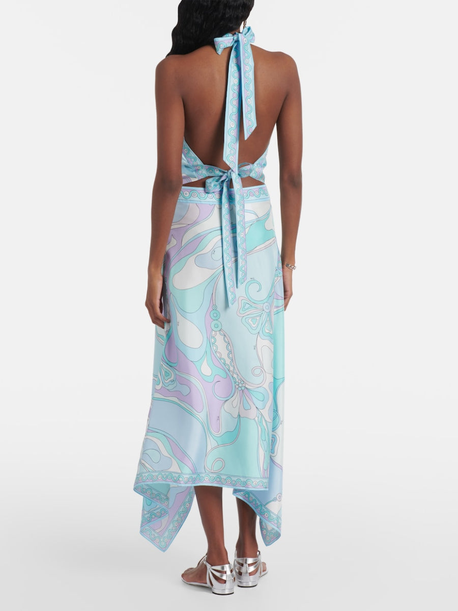 Light Mint Abstract Graphic Sleeveless Halter Top Asymmetric Midi Skirt Matching Set